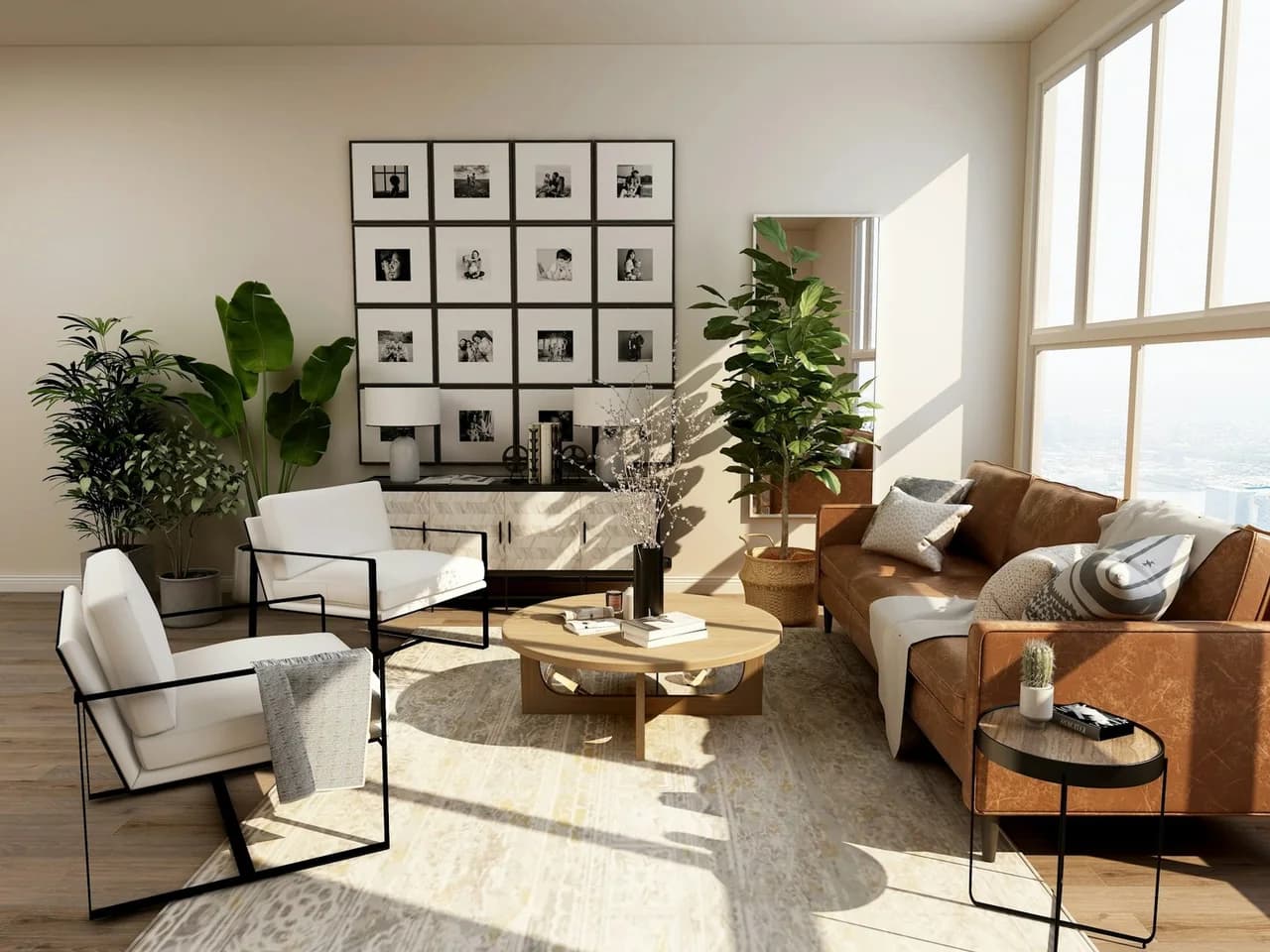 Bright living room with warm wood-look flooring